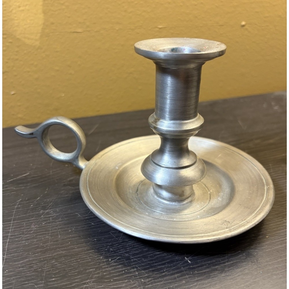 Vintage Meriden Conn Pewter Chamberstick Candle Holder W Finger Ring Colonial